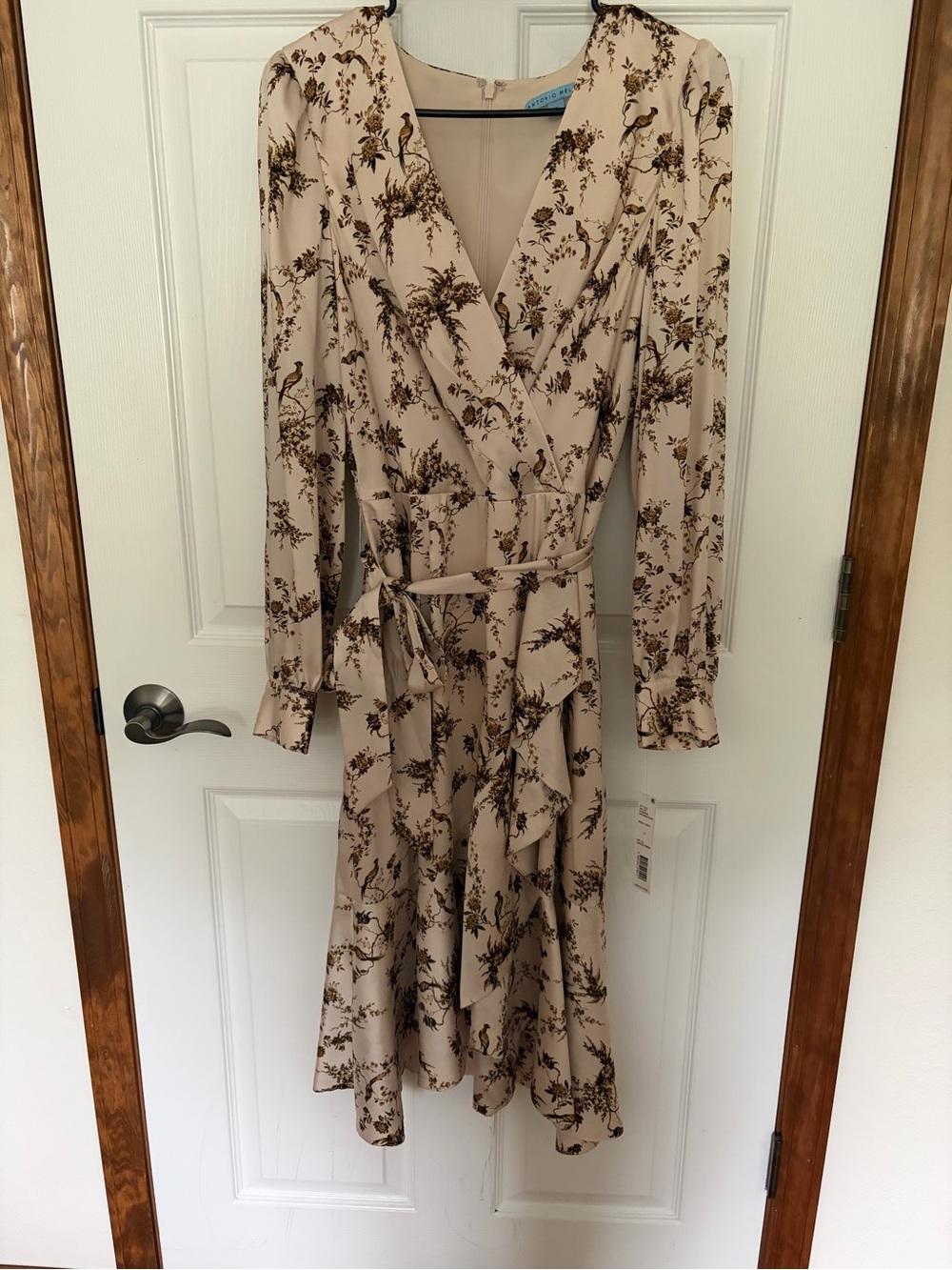 ANTONIO MELANI Beige Floral Wrap Dress with Brown Print